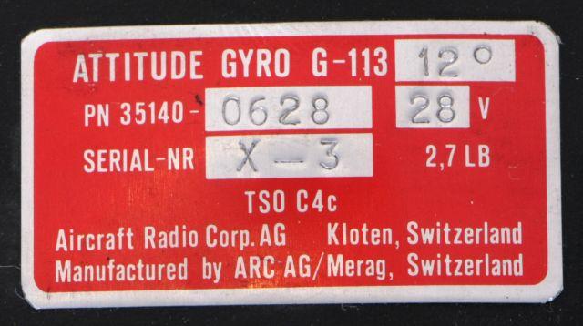 Attitude Gyro G-113 Aircraft Radio Corp.AG Kloten, Switzerland