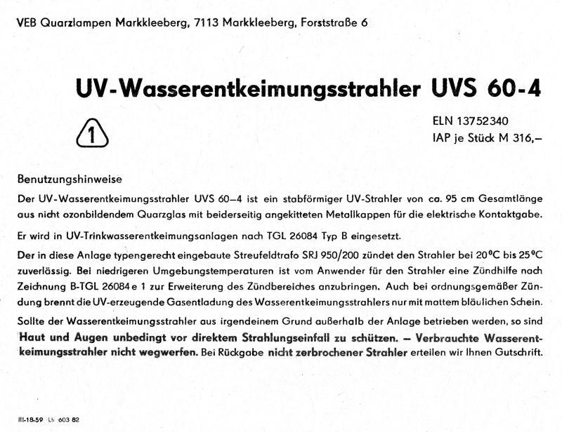 UV-Wasserentkeimungsstrahler  UVS 60-4